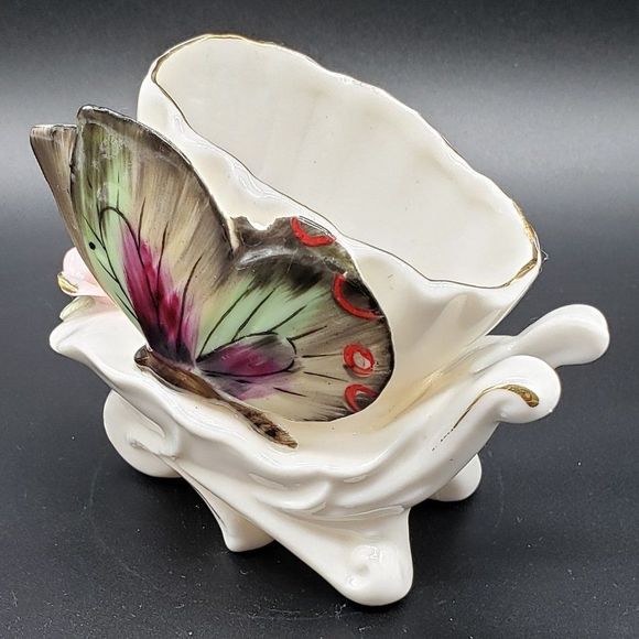 Ucagco Ceramics Japan Porcelain Wheelbarrow Butterfly Floral Motif Planter AS IS - Picture 5 of 14